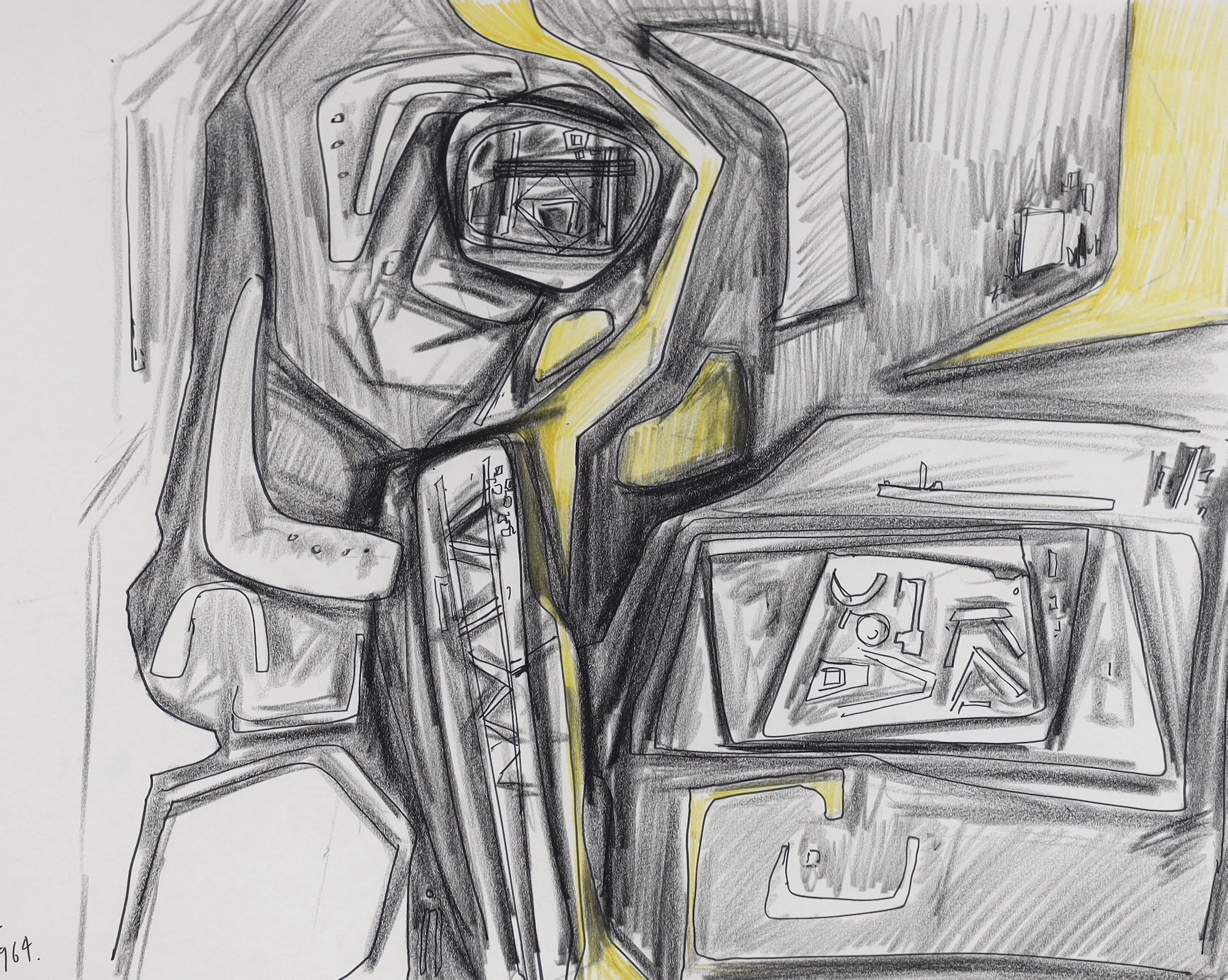 Mary Milner Dickens (1932-2013) 1960’s crayon, abstract composition and a group of unframed abstract and geometric pencil sketches by Henry Cliffe, largest 50 x 40cm